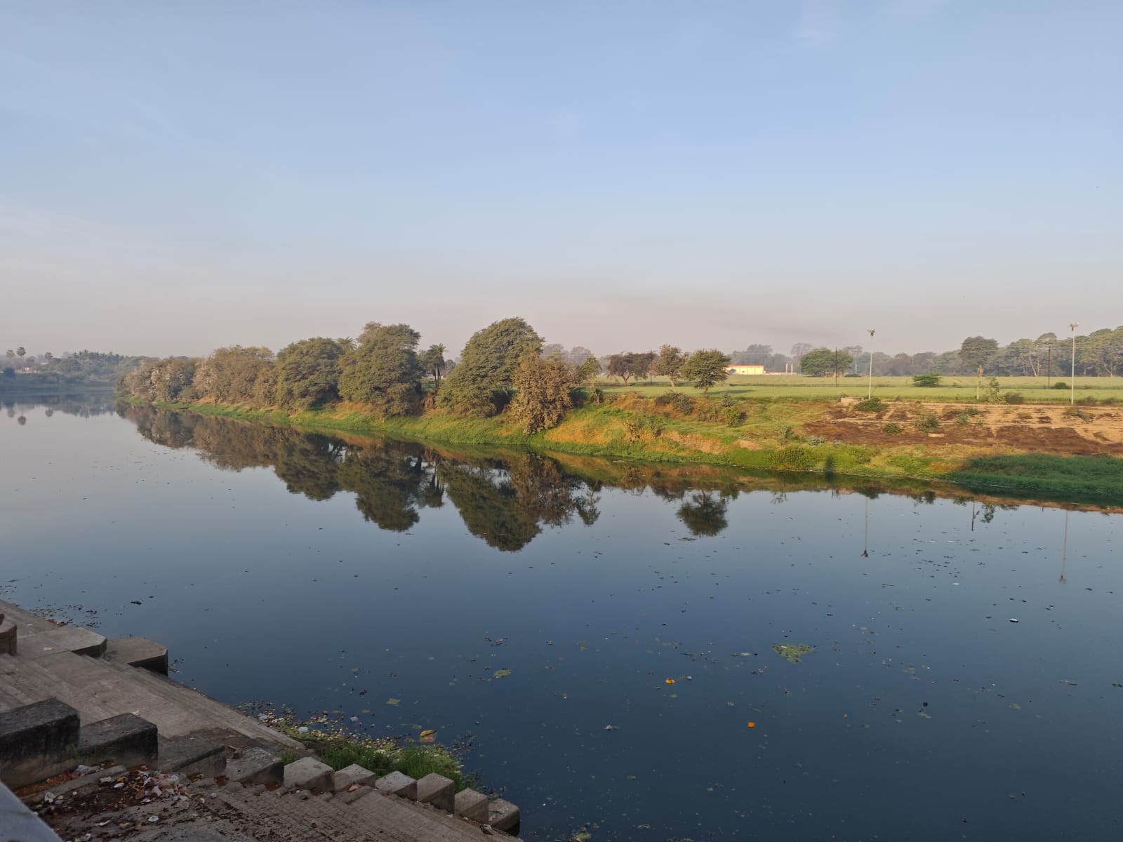 The Shipra River at the ghat below Mangalnath Mandir, Ujjain, in morning light