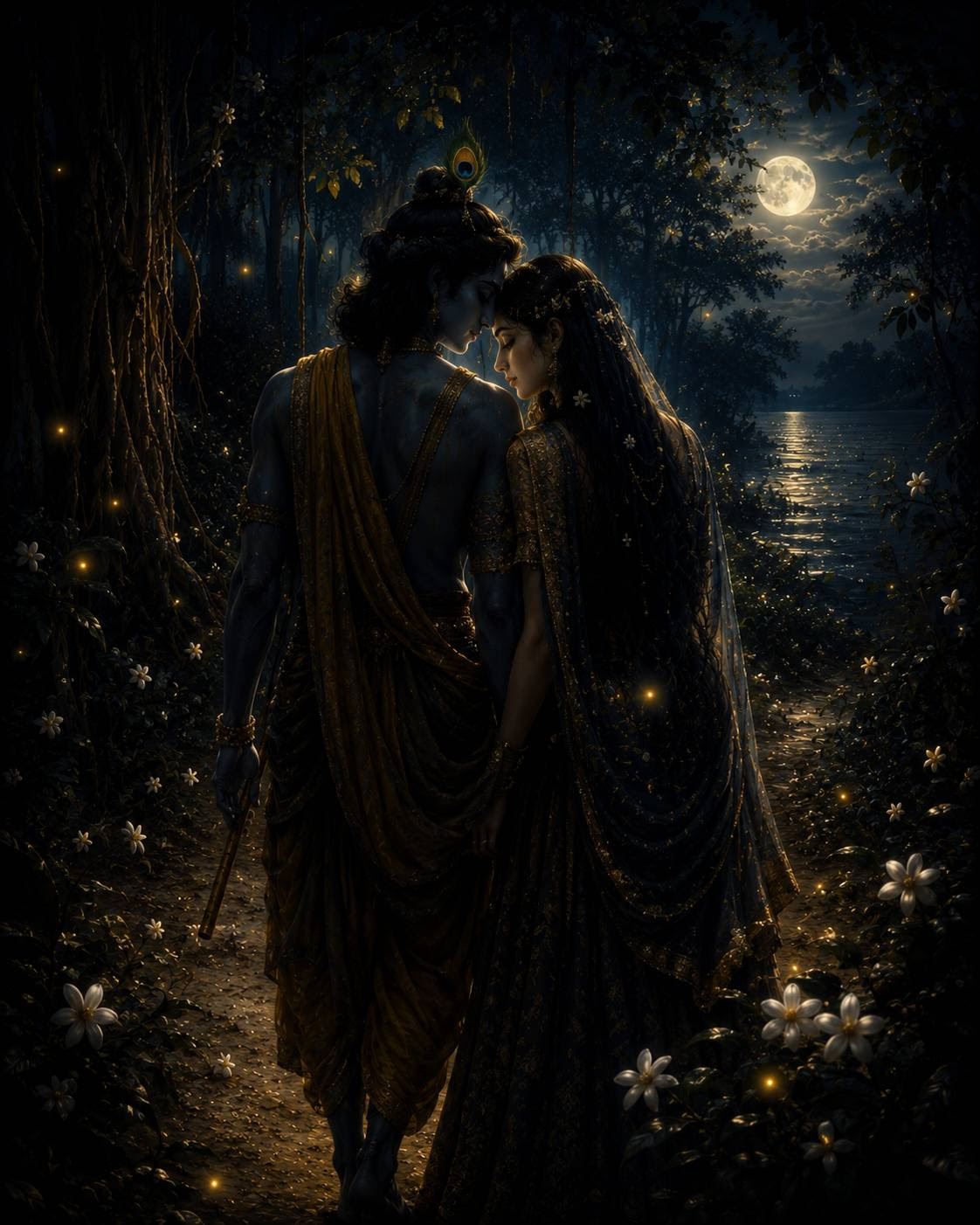 Radha and Krishna walking together by moonlight along the Yamuna