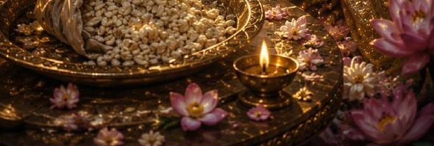 A humble bundle of flattened rice beside a lit diya and lotus flowers