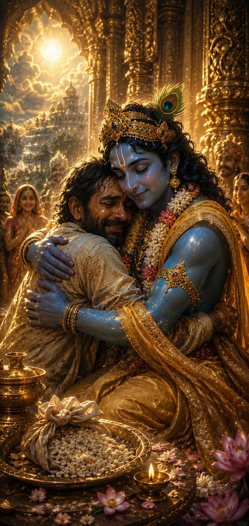 Krishna embracing His childhood friend Sudama in the palace of Dvaraka